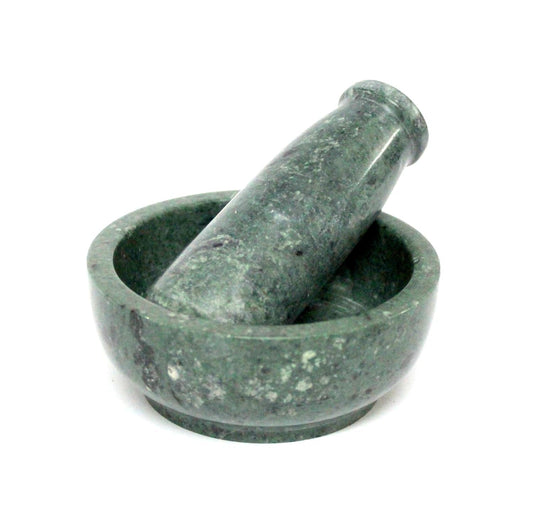 4" Diameter Natural Stone Mortar and Pestle Set as Spice Grinder, Medicine Masher - Okhli and Musal (Green Shallow)  StonKraft   