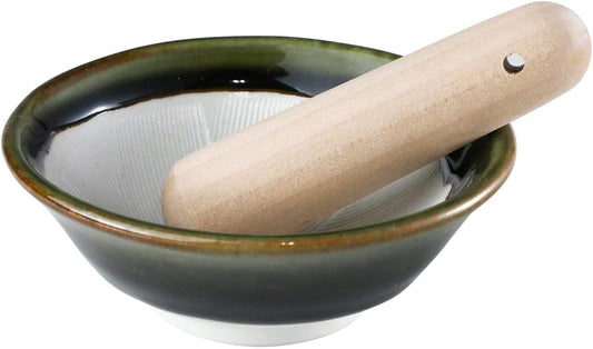 Asayu Japan Ceramic Mortar Bowl 4.29In (109Mm) with Wooden Pestle, Made in Japan Dishwasher and Microwave Safe Ripple Ridge Suribachi and Surigoki Set - Olive Green Mortar and Pestle Set