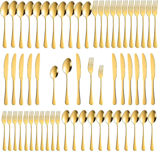 60-Piece Gold Silverware Set, Stainless Steel Flatware Cutlery Set Service for 12, Gold Utensils Tableware Cutlery Set for Home Restaurant, Mirror Finish, Dishwasher Safe (Gold)