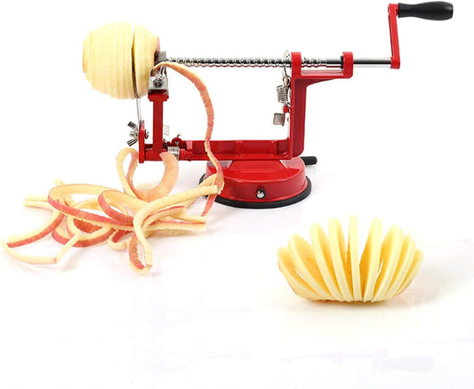 Apple Peeler ULIOLI Apple Corer Slicer Peeler 3 in 1 Spiralizer with Stainless Steel Blades, Heavy Duty Hand-Cranking Potato Peeler with Suction Base, Red