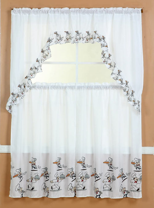 3PC Printed Kitchen Curtain Tiers and Swag Valance 36" Long Set (White/Chef)  Diamond Home Linen White 24 In Tiers Set 