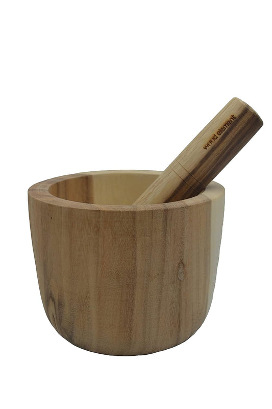 7.5” Wide-Mouth Cylindrical-Shaped Rain Tree Wooden Mortar and 8.5” Hard Wooden Pestle.  Wood Element   