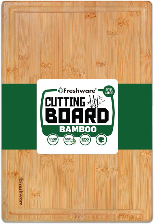Bamboo Cutting Boards for Kitchen with Juice Groove [Extra-Large] Wood Cutting Board for Chopping Meat, Vegetables, Fruits, Cheese, Knife Friendly Serving Tray with Handles, 17.5 X 12-Inch