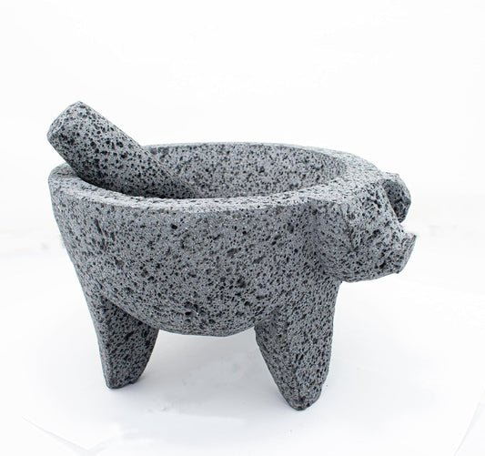 9 Inch Molcajete Mortar and Pestle with Pig Design, Mexican Handmade with Lava Stone Ideal as Herb Bowl, Spice Grinder, Volcanic Stone