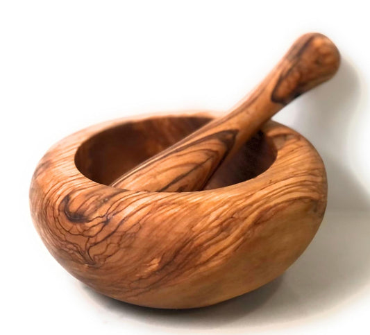 5.5" Rustic Olive Wood Mortar and Pestle Set- Crusher Grinder for Herbs, Spices Garlic, Seeds, Nuts, Pesto, Sauces.  ORCHARD HARDWOODS   