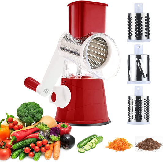 3Rd Generation Rotary Cheese Grater, Mandoline Vegetable Slicer with 3 Replacement Blades, Easy to Clean Rotary Shredder for Fruit, Vegetables, Red (Red)  HMGF WOOD   