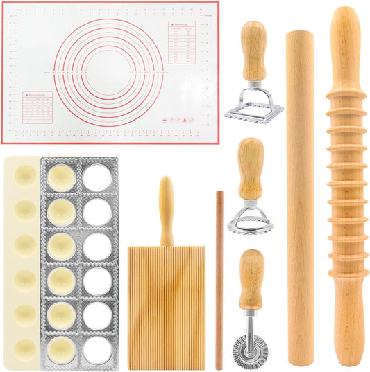 8In1 Ravioli Gnocchi Pasta Dumpling Noodle Maker Cutter Press Mold Stamp - Pasta Manual Accessories Homemade Essentials Making Tool Kit W/Silicone Pastry Mats, Wooden Dough Roller Rolling Pin  GIASSVIO   