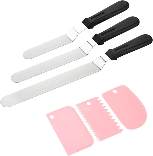 6 Pack Set Cake Icing Spatulas and Cake Smoother Scrapers Pink, 6"+8"+10" Stainless Steel Offset Spatula Angled Frosting Spatula Smoother Cake Decorating Tools for Kitchen, Baking  DeBage   