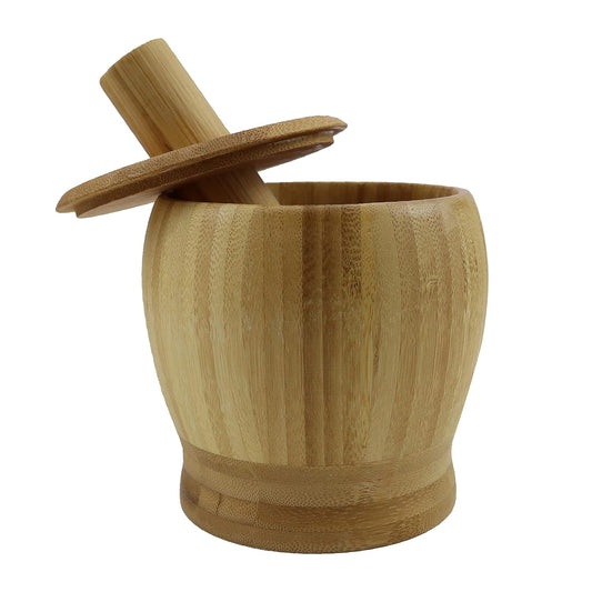 Bamboo Mortar & Pestle with Lid for Grinding Garlic Spices Herb Ginger Peppercorns Kitchen Tool
