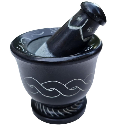 Black Mortar and Pestle Herb Grinder Set, Soapstone Celtic Knot Pestle and Mortar Resin, Herb, Spice Grinder for Pagan, Wiccan Altar Supplies, Magick Spells, Wiccan Kitchen Witchy Gifts