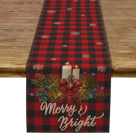 Christmas Red and Black Buffalo Check Plaid Table Runner Rustic Linen Winter Solstice Yule God Jul Decoration for Home Kitchen Dining Room -13X72 Inch  Sunwer   