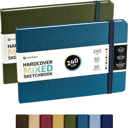 240 GSM Mixed Media Sketchbook 2-Pack, 5.3X7.7 in Small Hardcover Art Paper Pad to Mix Dry or Wet Marker, Pastel, Light Watercolor Washes, for Travel Journal or Mini Sketchpad (Green-Teal)  PAPERBAY   