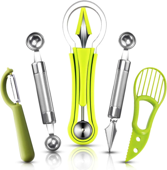 5Pcs Melon Baller Scoop Set, 4 in 1 Stainless Steel Fruit Scooper Seed Remover Cutter, Double Sided Melon Baller Spoon, Avocado Cutter, Watermelon Carving Knife for Dig Pulp Separator Fruit Slicer  YuGosen   