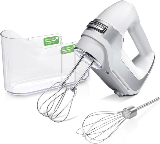 5-Speed Electric Hand Mixer with High-Performance DC Motor, Slow Start, Snap-On Storage Case, Stainless Steel Beaters & Whisk, White (62652)  Hamilton Beach Professional   