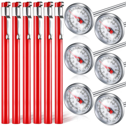 6 Pcs Stainless Steel Kitchen Thermometer with 5 Inch Long Stem 1 Inch Dial Thermometer Milk Frothing Food Thermometer for Oven Probe Meat Grill BBQ Cooking Chocolate Water (Red)  Xuhal   