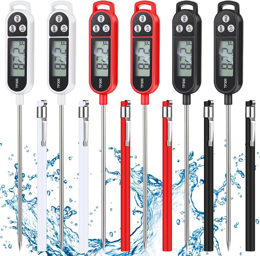 6 Pcs Meat Thermometer Food Thermometer with Probe Water Liquid Instant Read Digital Thermometer Cooking Thermometer Supplies BBQ Kitchen Thermometer for Cooking Milk Yogurt (Black, White, Red)  Copkim   