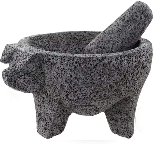 8.6 Inch Molcajete Mortar and Pestle with Pig Design, Mexican Handmade with Lava Stone Ideal as Herb Bowl, Spice Grinder, Volcanic Stone  will global   