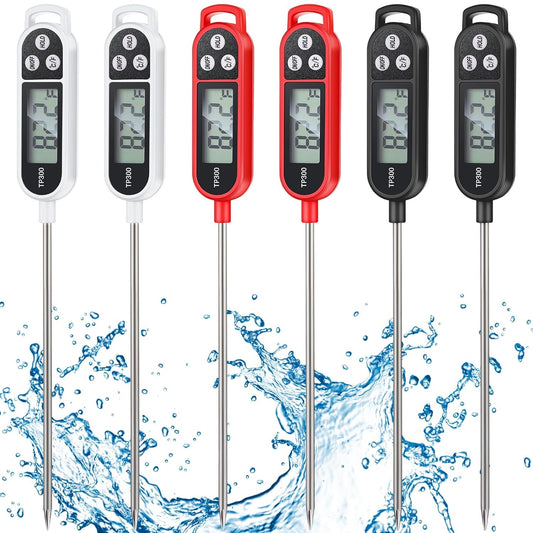 6 Pcs Instant Read Meat Thermometer with Long Probe 9.65 Inch Kitchen Cooking Food Candy Thermometer Waterproof Digital Thermometer for BBQ Water Milk Yogurt Liquid Cooking (Black, White, Red)  Copkim   