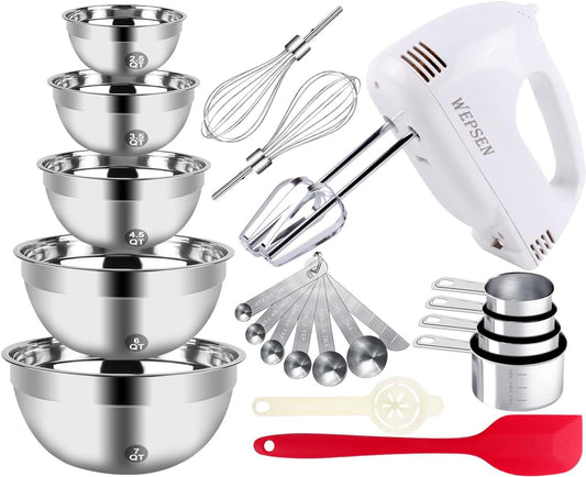 5-Speed Electric Hand Mixer, 5 Large Mixing Bowls Set, Handheld Mixers with Whisks Beater, Stainless Steel Metal Nesting Bowl Measuring Cups Spoons Kitchen Cake Blender for Baking Supplies  WEPSEN   
